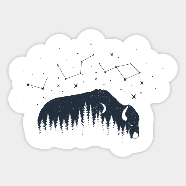 Inspirational Illustration With Buffalo, Moon, Stars And Forest In Double Exposure Style Sticker by SlothAstronaut